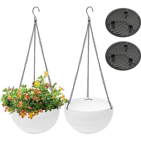 2 pots de fleurs suspendus d'extérieur avec trou de drainage, arrosage automatique, chaînes antirouille, pots suspendus d'intérieur/extérieur, blancs, 21 cm (1/5)