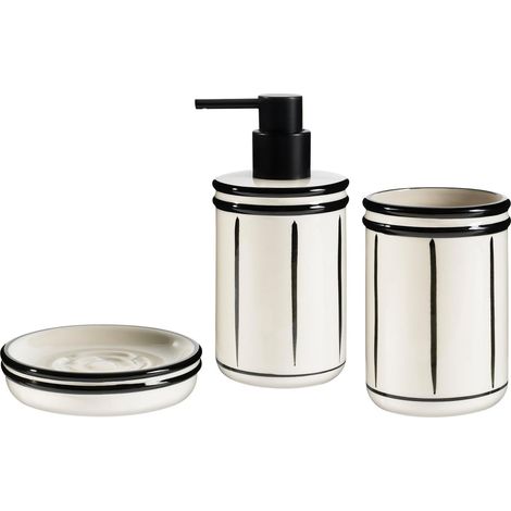 Ensemble de salle de bain 3 pièces composé d'un distributeur de savon, d'un porte-savon et d'un porte-brosse à dents, peint à la main, ligne noire, en céramique (1/5)