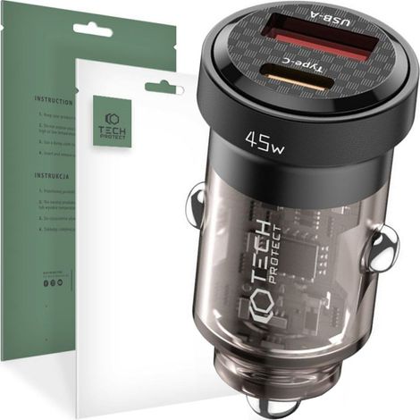 Caricabatterie da auto Tech-Protect CC45W a 2 porte PD45W/QC3.0 nero