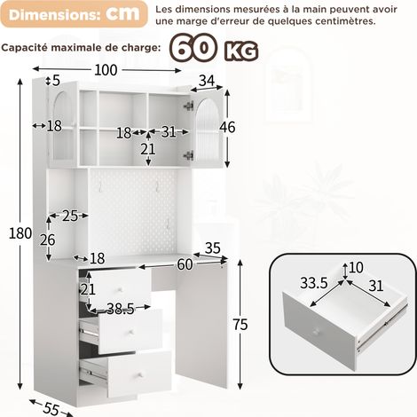 Bureau moderne 180 cm avec armoire intégrée, 3 tiroirs, panneau perforé et vitrine à portes vitrées pour bureau et chambre (1/5)