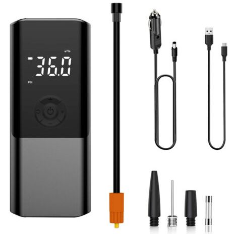 Pompe air portable 150 PSI sans fil, compresseur gonfleur pneus LED, arrêt auto, modèle 2-en-1 batterie lithium intégrée + câble chargeur voiture
