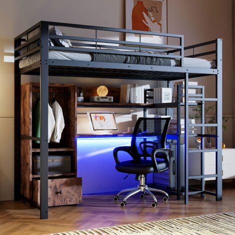 Letto a soppalco 90x200 cm, letto per bambini con illuminazione a LED, tavolo, cassetti, ripiani e certificato EN747, metallo, nero, senza materasso (1/5)
