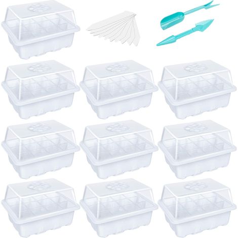 Lot de 10 plateaux de semis (12 alvéoles par plateau) avec dôme et base pour serre, humidité réglable. (1/5)