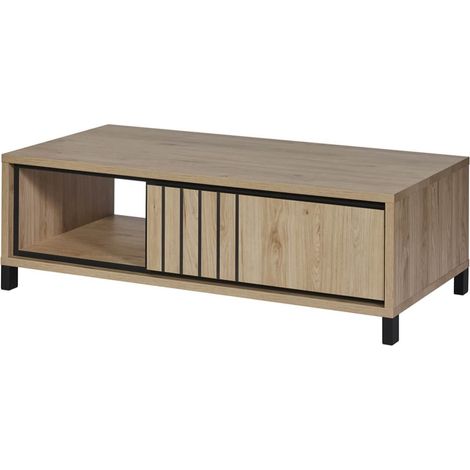 Table Basse 1 Tiroir Aspect bois Détail Déco Lignes Verticales Noires - ANTHONY (1/5)