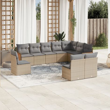 Ensemble Salon Jardin 10 Places Résine Tressée Beige avec Coussins Gris Modulaire (1/4)