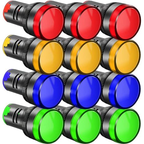 12pcs LED Indicator AC220V-380V 22mm, Indicator Light, Signal Lamp Pilot Panel (Red/Yellow/Blue/Green, 3pcs Each)
