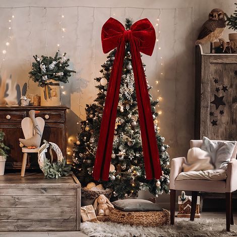 Ribbon De Noël - Bow En Velours Rouge 32 Pouces - Pour Arbre De Noël Guirlande Porte Fenêtre Mur - Intérieur Extérieur Couvert - 1 Pièce (1/4)