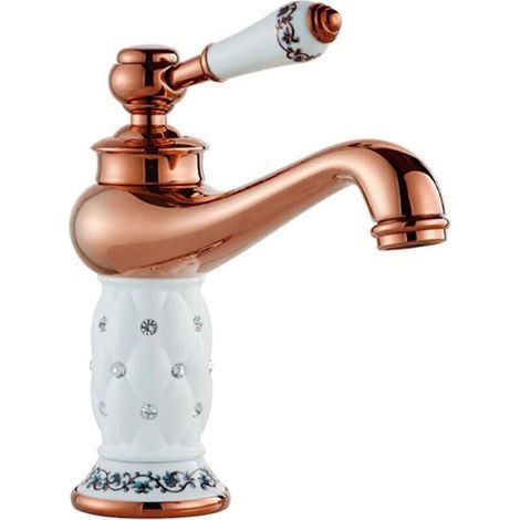 Robinet de lavabo de luxe monotrou, à poignée unique, robinet d'eau chaude et froide (or, céramique). (1/4)