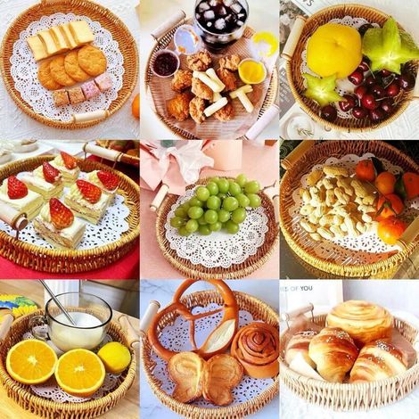 Panier de service rond et rectangulaire fait main en rotin anti-rotin - Support rond tressé pour pain, fruits, bol, plateau décoratif plat en osier pour bonbons, plateau rustique (petit modèle rond) (1/3)