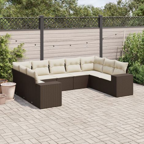 Salon de Jardin Complet Modulable Résine Tressée 9 Places Marron - 2 Coins + 5 Unités Centrales + 2 Accoudoirs avec Coussins Blancs Crème et Rangement (1/3)