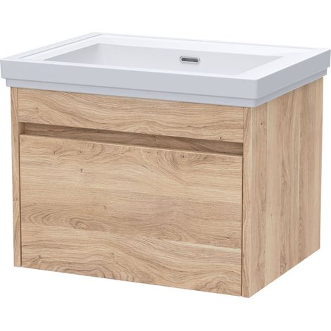 Swainsley Contemporary Wall Hung 1 Drawer Vanity Unit with Traditional 0 Tap Hole Fireclay Basin, 600mm, Bleached Oak