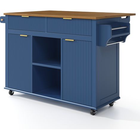 Isla de cocina con ruedas 143 x 45 cm, encimera abatible, 2 cajones, 2 puertas, MDF azul (1/5)