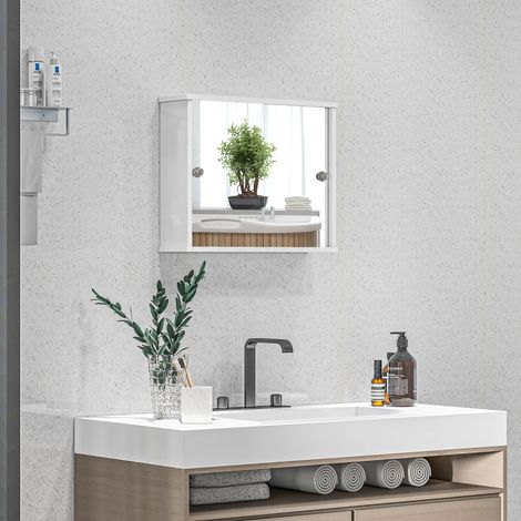 Armoire Miroir Murale Étagère Réglable Porte Coulissante Double Évier Brillant Mobilier Intérieur Blanc 55x15x45cm