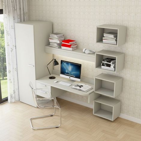 Scrivania sospesa design con mensola luminosa, pensili e armadio - Ecru cappuccino (1/5)