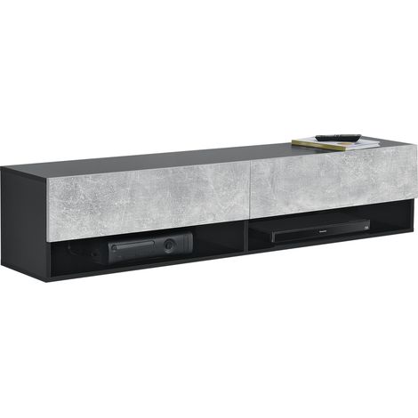 Mobile Porta TV/Consolle da Parete con 2 Ante e Ripiani/Scomparti140 x 31 x 30 cm Armadio a Muro con Apertura a Ribalta per Camera/Salotto/Ingresso - Nero/Effetto Cemento (1/6)