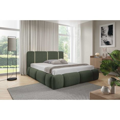 Emporius Lit rembourré 140x200 cm Avelin avec LED, sommier métallique, lit coffre, tissu bouclé - vert (1/5)