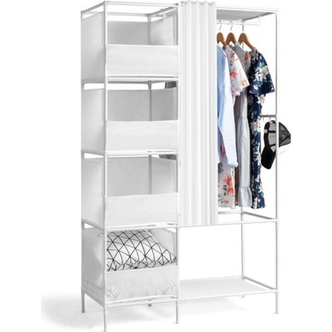 Armoire penderie suspendue 4 niveaux 105x45x170cm blanc, dressing tissu avec rideau et rangements (1/5)