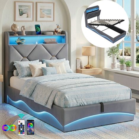 Lit Coffre Double 90x200 cm Velours avec Sommier Hydraulique, Tête de Lit Rangement, Éclairage LED et Port USB-C - Lit Adulte 2 Places - Gris