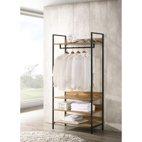Wide Dark Grey Oak Open Wardrobe with 4 Shelves and Hanging Rail in Oak Effect Black Metal Frames