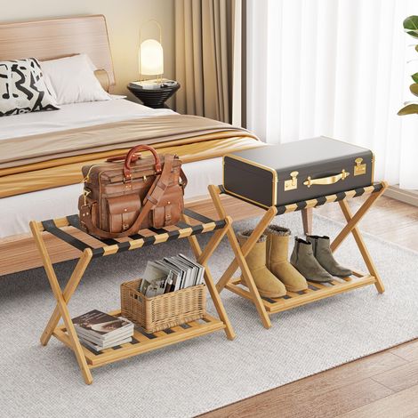 Lot de 2 porte-bagages en bambou pour chambre d'amis, 68 cm, pliable, large, avec étagère de rangement, support de bagage épais pour chambre à coucher, hôtel, porte-bagages pour valises (1/5)