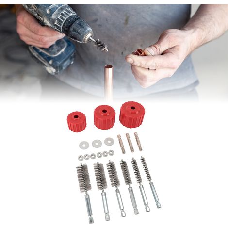 KIT DE NETTOYEUR POUR TUYAU CUIVRE 1/2 3/4 1 INCH POUR PERCEUSE BRUSH METAL TRAME INOX 3 BRUSHES + 6 OUTILS ACCESSIBLES (1/5)