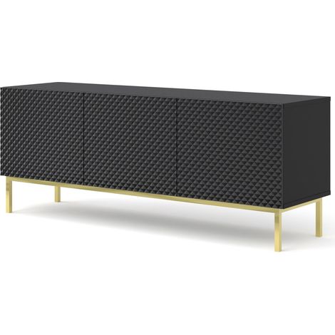 Mueble de TV Ravenna C 150 cm 3D tallado diamante MDF negro alto brillo con marco