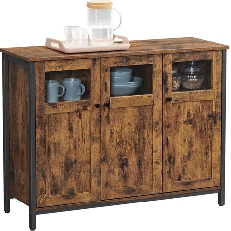 Meuble de Rangement, Buffet, avec Placard 3 Portes, pour Salle à Manger, Salon, Cuisine, entrée, Cadre en Acier, Style Industriel, Marron Rustique et Noir d'encre LSC099B01 (1/5)