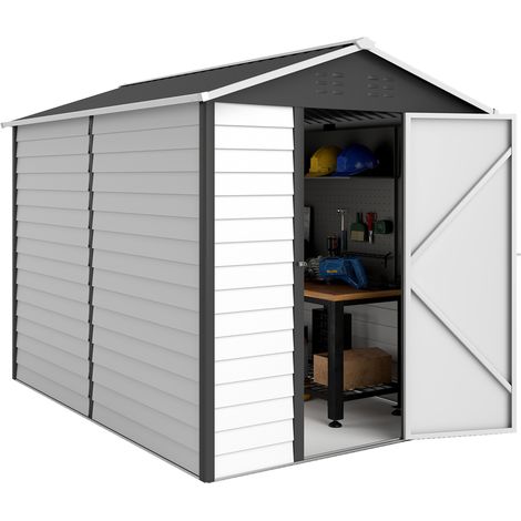9x 6FT Metal Outdoor Garden Shed, Galvanised Tool Storage Shed w/ Sloped Roof, Lockable Door Patio Lawn, Dark Grey (1/5)