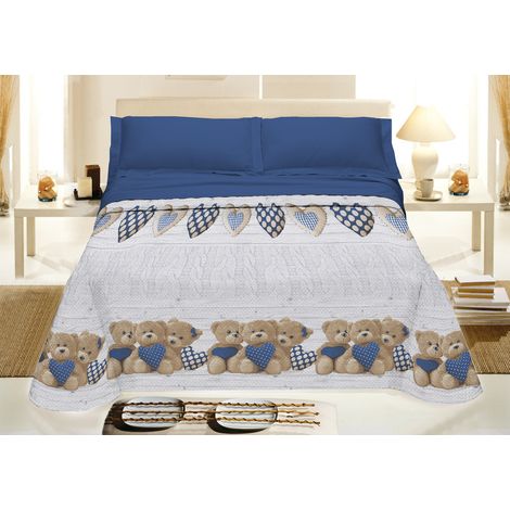 Copriletto estivo made in Italy 100% cotone piquet singolo matrimoniale orsetti Blu - 1 Piazza