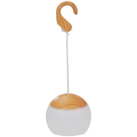Lampe LED extérieure de camping avec motif boule, 3 niveaux de luminosité, rechargeable par USB, longue durée de vie, crochet inclus, couleur bois.