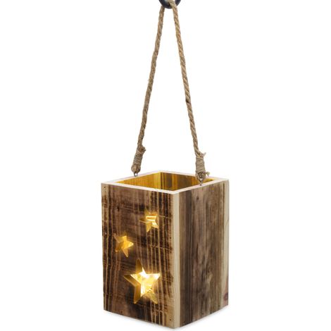 Holz Laterne mit Lichterkette im Glas 20 LED warm weiß - 16 x 11 cm - Hängelaterne mit Kerzenglas und Jutekordel