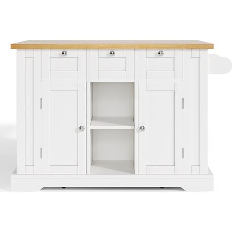 Isla de cocina móvil 132 cm blanca y natural de MDF con tablero abatible