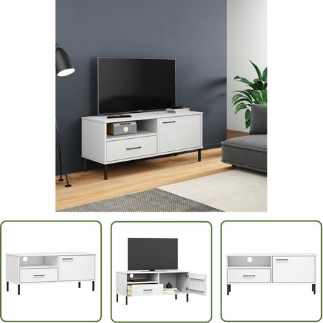 The Living Store Meuble TV avec pieds en métal Blanc Bois de pin massif OSLO - Meuble Tv - Meuble Téléviseur - Rangement Tv - Unité Tv - Support Tv (1/5)