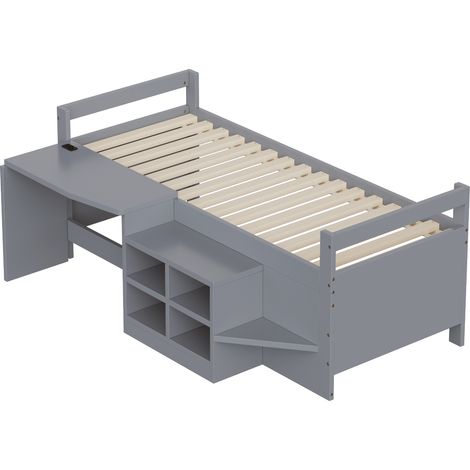 Cama infantil 90 x 200 cm con almacenaje, escritorio y enchufes, gris (1/5)