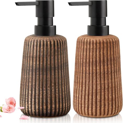 2 distributeurs savon céramique beige rayé 400 ml, pompe facile, pour salle de bain et cuisine (1/5)