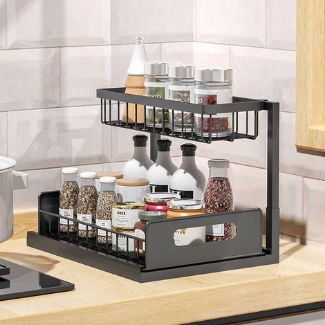 Étagère de rangement extensible à 2 niveaux – Étagère de salle de bain – Rangement sous évier – Solution de rangement pour meubles de cuisine et de salle de bain – Avec tiroir coulissant – 28 × 27 × 3 (1/5)