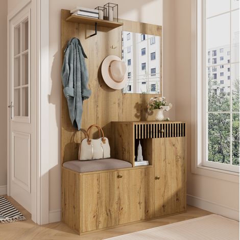 Flurgarderobe mit Spiegel und Sitzbank 110x185,5x37 cm OKMYHOME