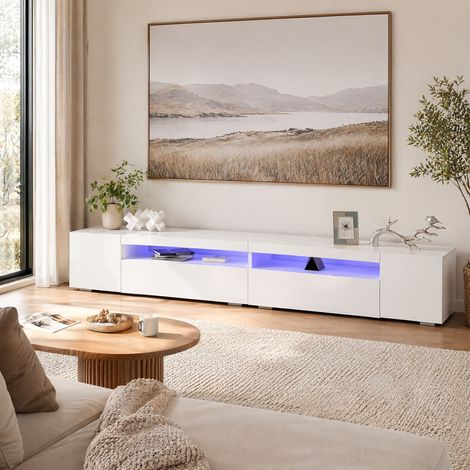 Meuble TV moderne 240 cm avec LED variable, MDF blanc, charge 80 kg DESVIAE (1/5)