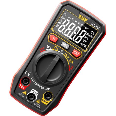 Multimetro digitale, 4000 conteggi, selezione automatica della portata, tester amperometrico portatile, ohm, misura NCV, tensione, corrente, diodo, capacità (rosso). (1/5)