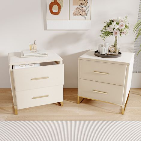 2pcs Table de Chevet avec 2 Tiroirs de Rangement en Velours Table de Nuit Meuble pour Chambre à Coucher Salon en MDF,Métal Doré,40x40x50cm,Beige (1/5)