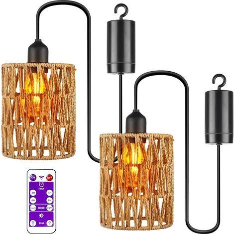 Lot de 2 lampes suspendues à piles avec télécommande, sans alimentation électrique, lampe en rotin, lampe bohème pour patio, jardin, pavillon, salon, chambre à coucher (1/5)