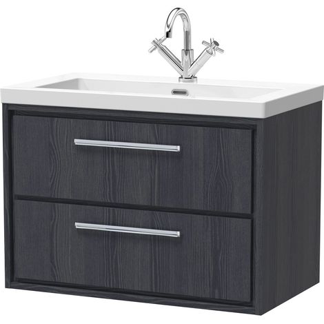 Longnor 2 Drawer Wall Hung Vanity Unit with 1 Tap Hole Modern Fireclay Basin, Woodgrain Graphite Grey, 800mm (1/4)