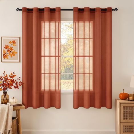 Rideaux Voilage Transparent Rouge Brique 2 Panneaux 140x145cm Décoration pour Chambre Salon, Couleur Pure Rideaux, Transparents Lisse Élégant Voile, à œillets (1/5)