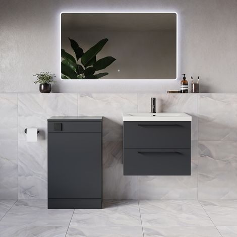Napoli 390 Gloss Grey 1100mm Wall Mounted 2 Drawer Vanity Unit and Toilet Suite with Glide Basin - 1100mm - Matt Black 320mm HandleWithout Kingston Toilet Pan