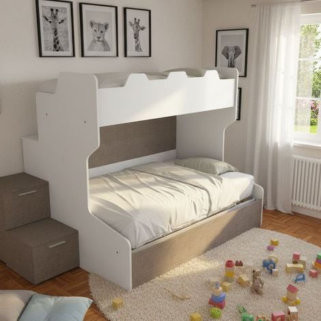 Letto a castello con gradini a cassetti e passerella - Una piazza e mezza e singola - Bianco e Fumo