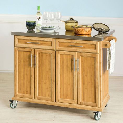 SoBuy FKW69-N Kücheninsel Luxus-Küchenwagen mit erweiterbarer Edelstahlarbeitsplatte Küchenschrank Servierwagen Rollwagen Bambus BHT ca.: 115x92x46-71cm