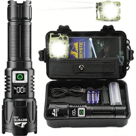 Lampe Torche LED Ultra Puissante 1,000,000 LM, 50W – 1520m Portée Lampe Torches Rechargeable USB C, 3 Modes Chip XHQ99.2 Puissante Flashlight IPX6 Étanche Pour Camping Randonnée Urgence (1/5)