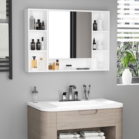 Badezimmer-Wandschrank mit Spiegel, Badezimmermöbel, 7 offene Regalböden und Schrankfach, 100 x 15 x 70 cm, weiß