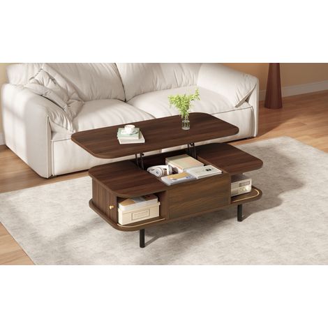 Mesa de centro elevable 101x51x52,5 cm MDF nogal con almacenamiento para salón pequeño – MEUBLIV (1/5)