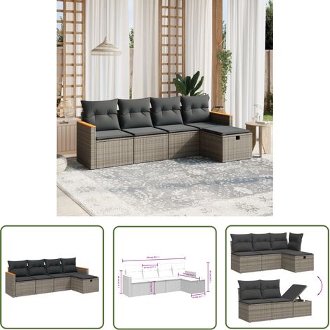 The Living Store 5-tlg. Garten-Sofagarnitur mit Kissen Grau Poly Rattan - Gartengestell - Gartenmöbelset - Outdoor Lounge - Rattan Sessel - Gartenlounge (1/4)